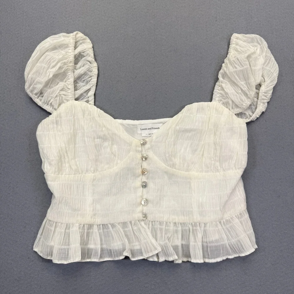 Lovers and Friends White Puff Sleeve Button Front Crop Top Smocked Small